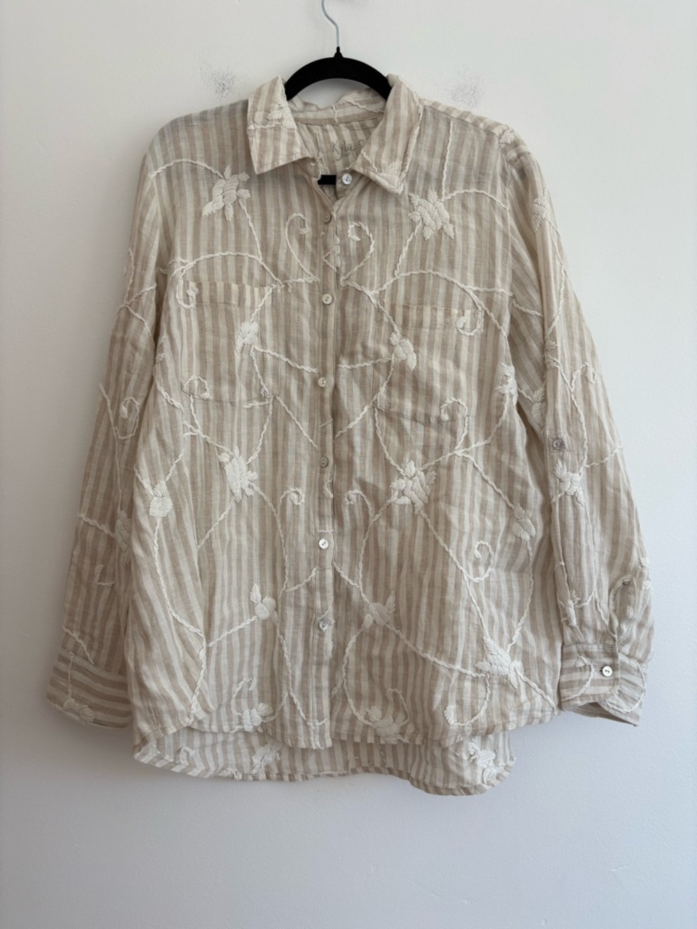 Kyla Seo 100% Linen Button Down Top Cream Floral Embroidered 3D Lagenlook Beach